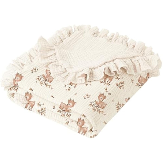 Konssy Flounce Muslin Baby Blanket for Girls Boys, 100% Cotton Soft Crib Swaddle Blankets, Reversible & Breathable Nursery Bedding for Newborns Toddlers, 40 x 36 Inches (Deer)