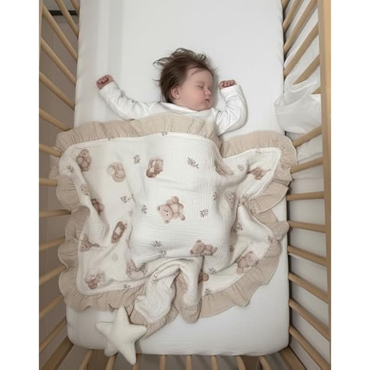 Muslin Ruffled Baby Blanket, Extra Large 52 x 52 Inches, Soft Breathable Cotton Crib Blanket for Newborn Infant Toddler (Hoppy Dreams-Ruffled, Printed)