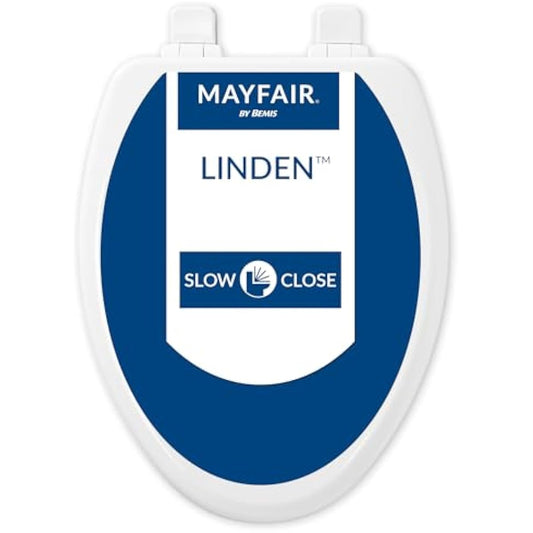Mayfair Linden Slow Close Toilet Seat, Non Slip Heavy Duty Wood, Easy Install, Elongated, White