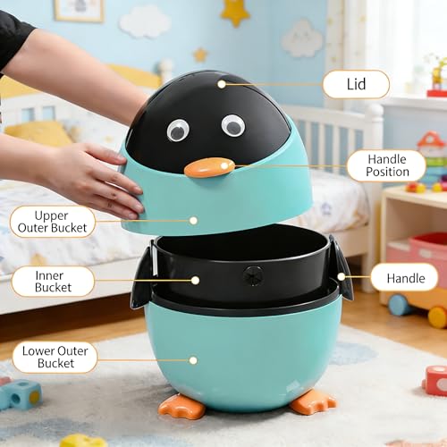 URALFA Penguin Trash Can, 3.2 Gallon Cute Trash Can, Animal Themed Garbage Can with Removable Inner Bucket, Plastic Fun Kids Trash Can for Bedroom, Kids Room, Nursery, Dormitory, Bathroom, Blue