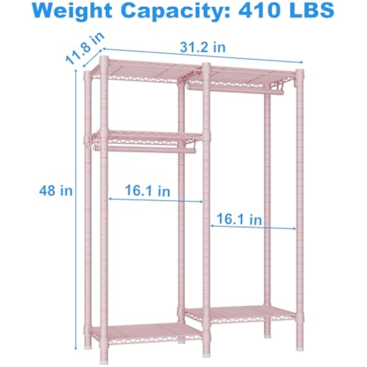 Ulif F1 Clothes Rack for Kids, Baby, Students, and Children's Room, 4 Tiers Portable Metal Closet Clothing Rack, Small Garment Rack with 2 Hanging Rod, 31.2" W x 11.8" D x 48" H, Pink