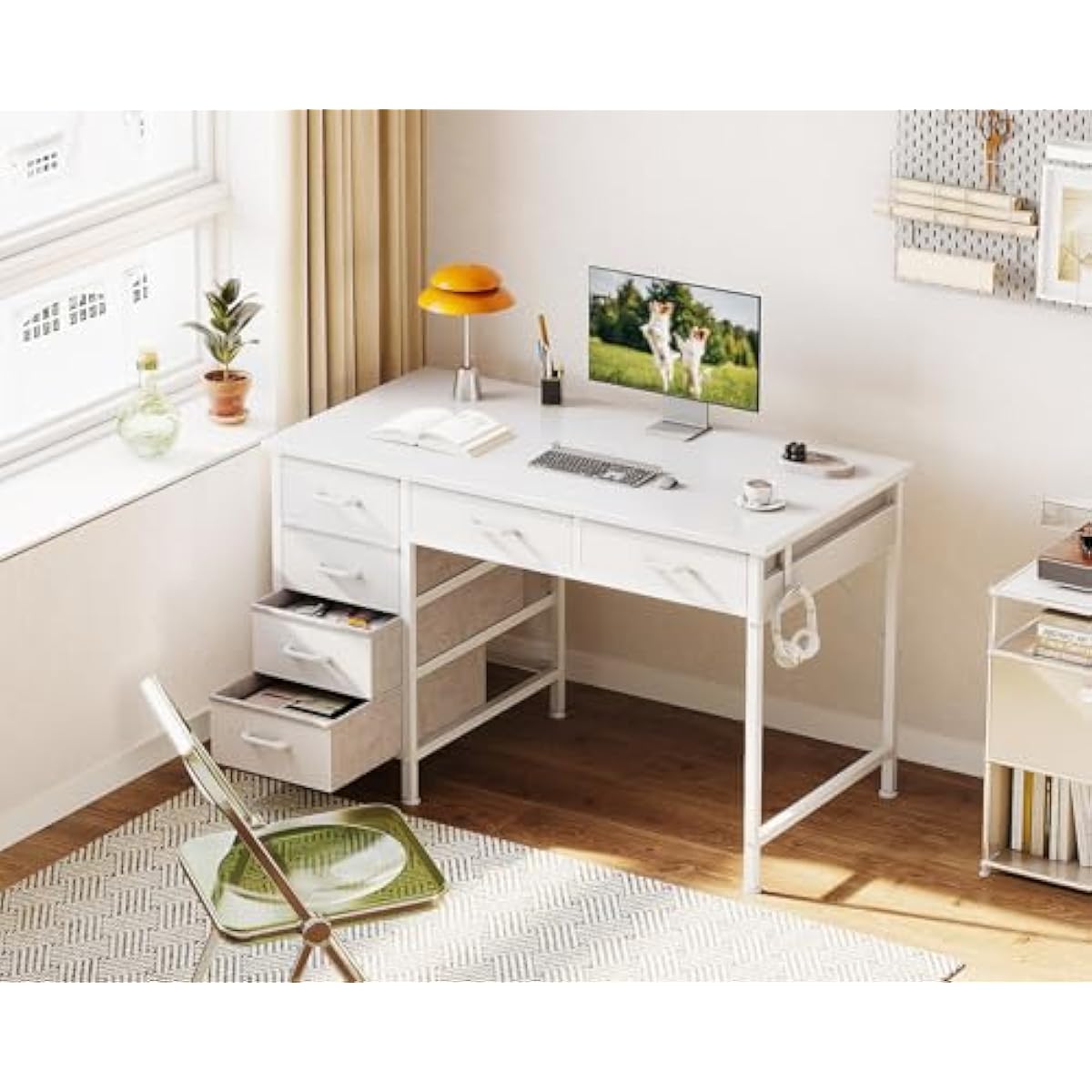 ODK Computer Desk with 6 Drawers, 40 Inch Small Desk with Storage, Reversible Desk with Headphone Hook for Home Office, Work Study Table for Bedroom, White