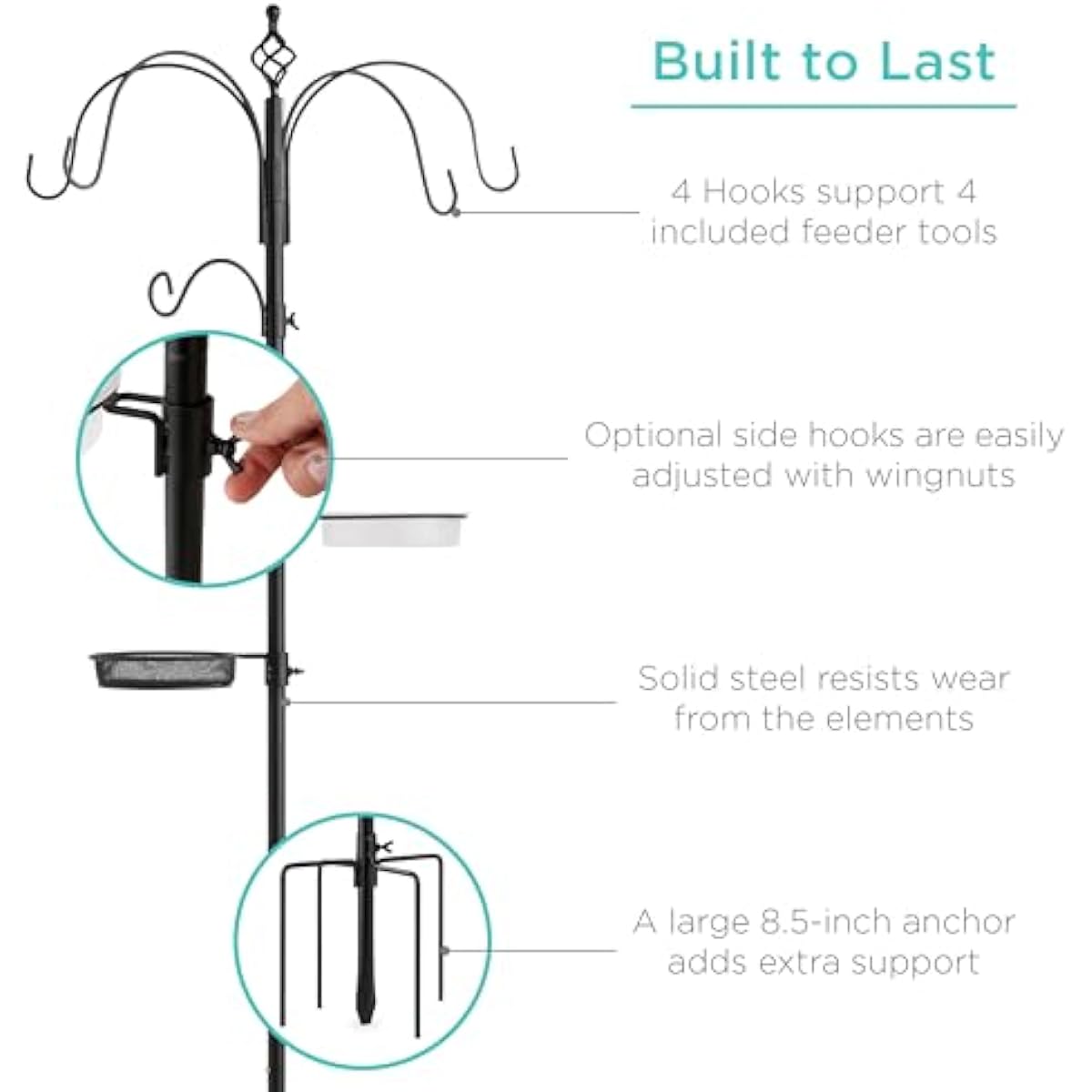 Best Choice Products 6-Hook Bird Feeding Station, Steel Multi-Feeder Kit Stand for Attracting Wild Birds w/ 4 Bird Feeders, Mesh Tray, Bird Bath, 5-Prong Base - Black