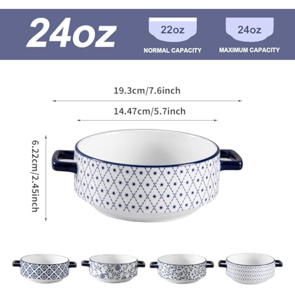 Soup Bowls with Handles - 24oz Ceramic French Onion Soup Crocks Serving Bowls for Pasta Cereal Beef Stew Pot Pies Casserole - Oven Microwave Dishwasher Safe - Set of 4, Blue