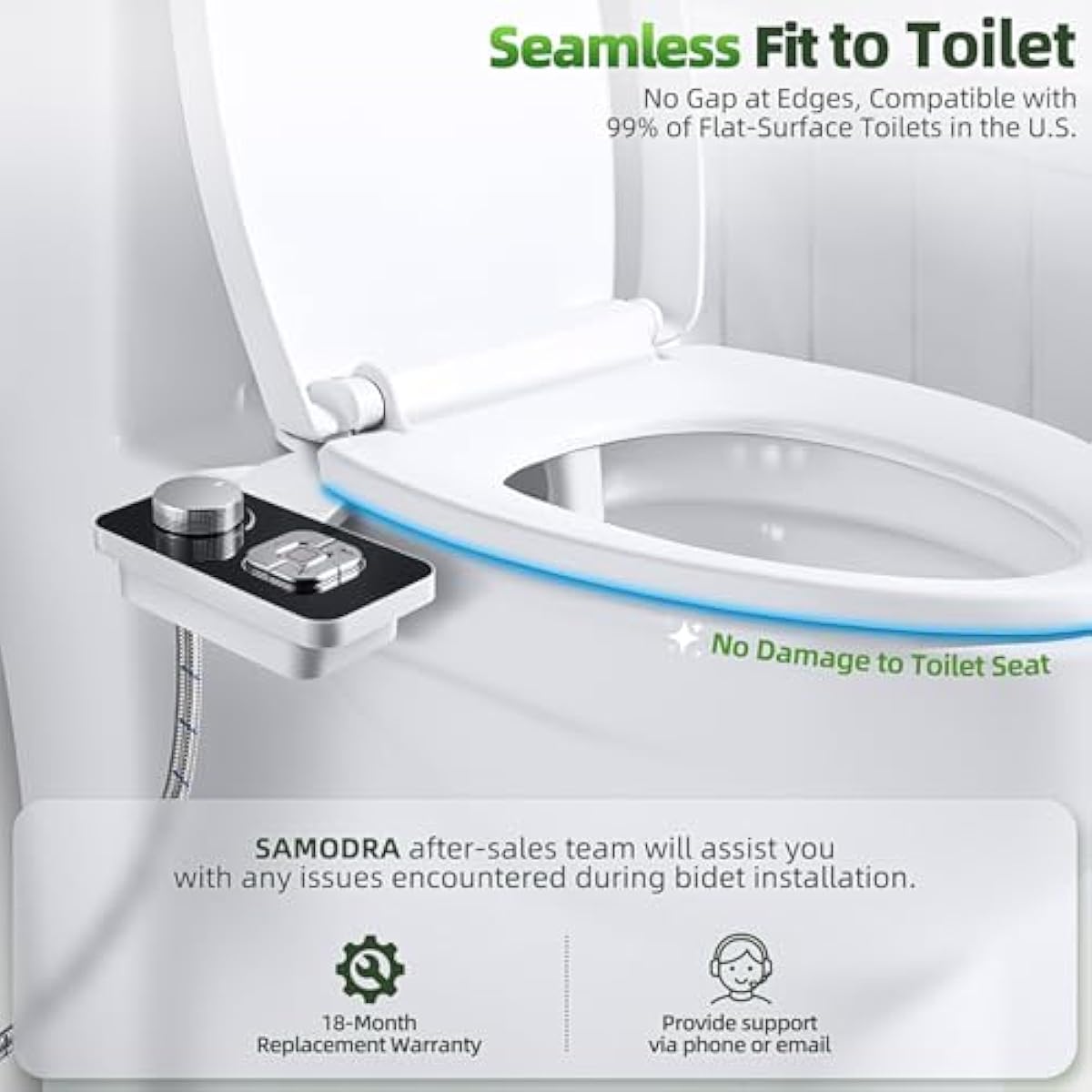 SAMODRA Bidet Attachment, Non-Electric Cold Water Bidet Toilet Seat Attachment with Pressure Controls, Retractable Self-Cleaning Dual Nozzles for Frontal & Rear Wash - Black
