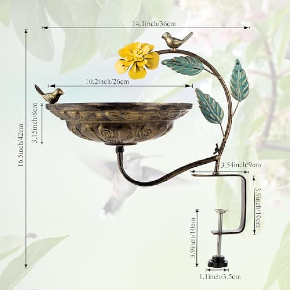 Metal Bird Bath for Outdoors, Deck Mounted Birdbaths with 10 Inch Bowl, Detachable Bird Feeder with Adjustable Clamp for Balcony Railing Garden Yard Decor