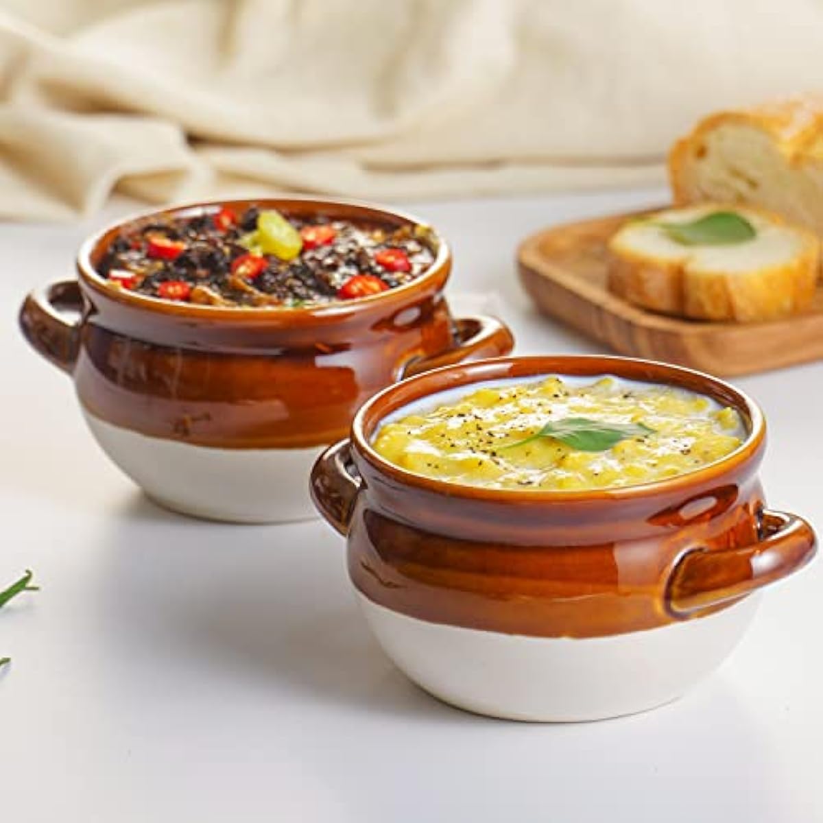 French Onion Soup Bowls with Handles, 16 Oz Ceramic Soup Serving Bowl Crocks - Oven Safe Bowls for Chili, Beef Stew, Cereal, Pot Pies, Set of 4