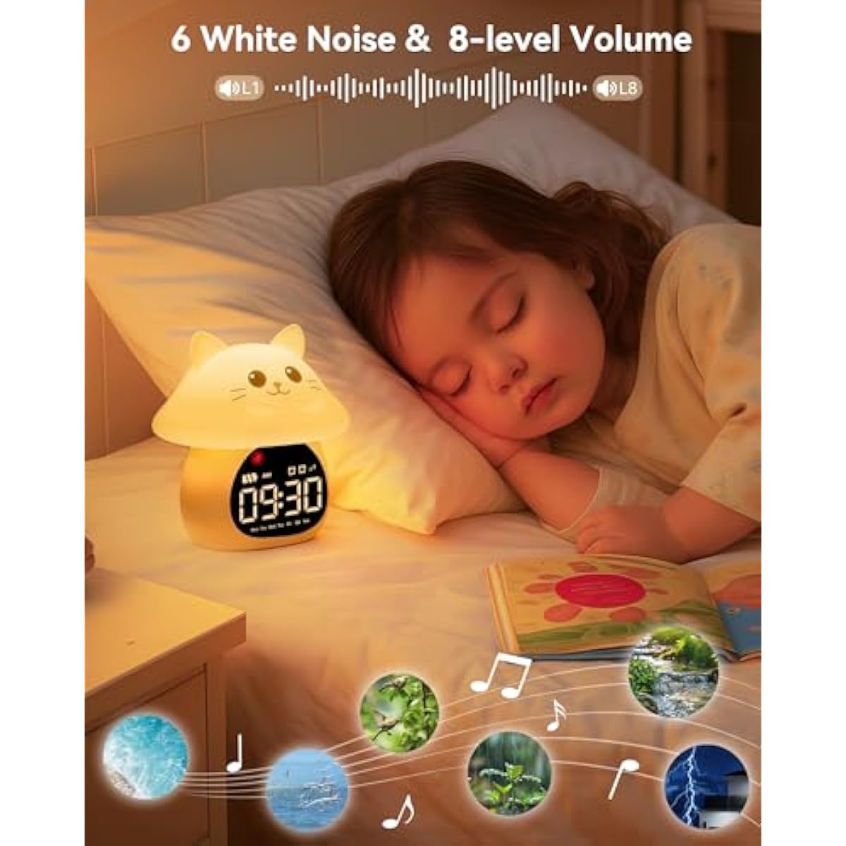 Yiliaw Sleep Training Alarm Clock with Night Light for Kids - Ok to Wake Clock with Dual Alarms, Night Light & RGB Colors, 6 Alarm Tones & White Noise, Rechargeable Clock for Boys & Girls, Cat
