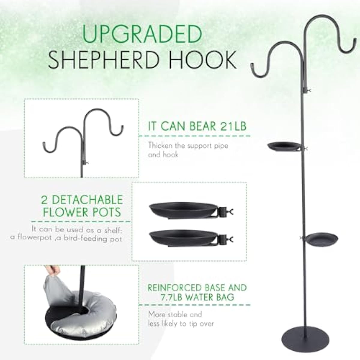 1 Set Upgraded 75.9" Shepherds Hook for Bird Feeder, Hanging Plant Wind Chime Stand, Metal Adjustable Standing Pole Holder for Indoor Outdoor, with 2 Rack & Weight Bag (Classic 2 Hooks)