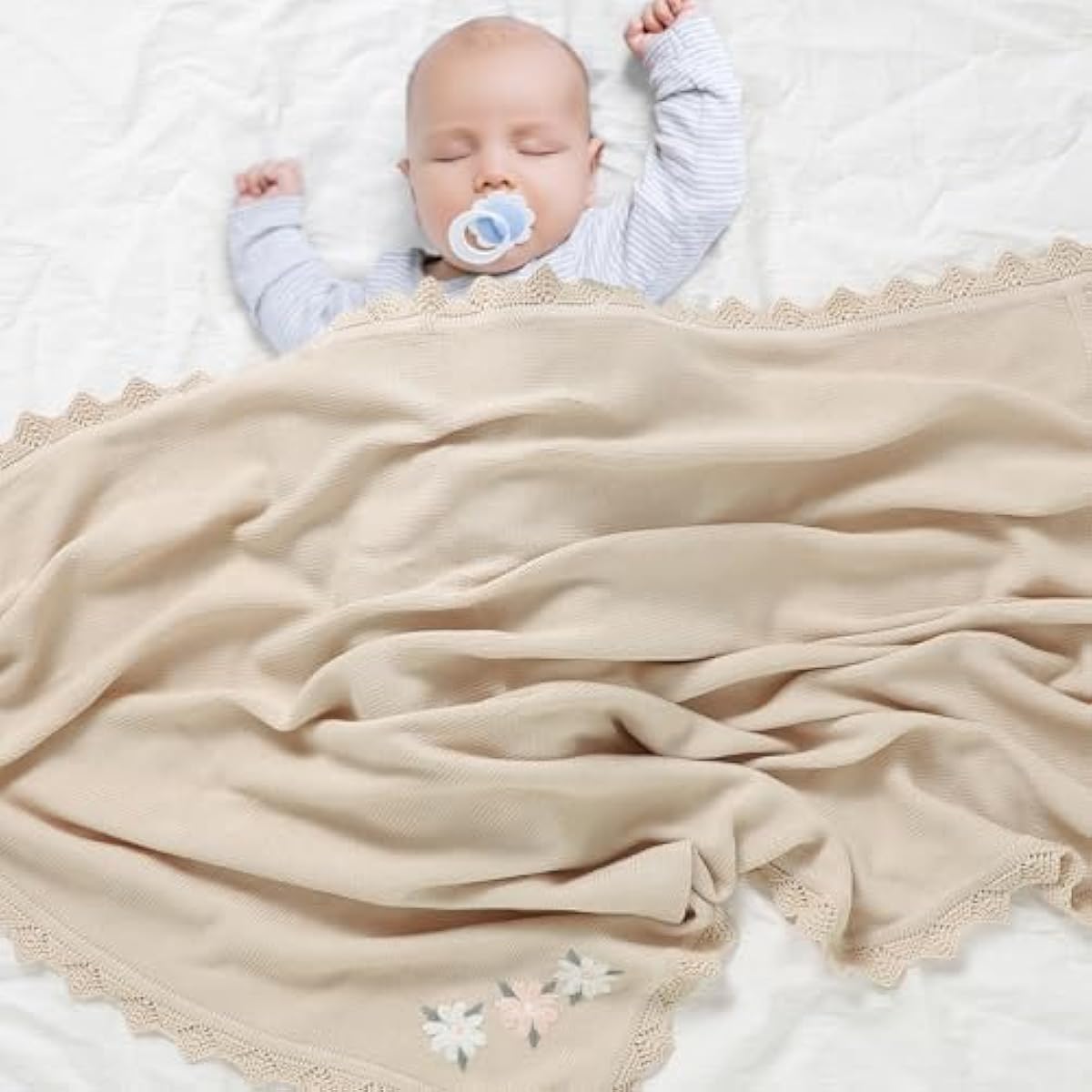 LAWKUL Baby Blanket 100% Traceable Cotton Knit Receiving Blankets Infant Swaddle for Newbron Boy Girls 40"x30" Beige Floral