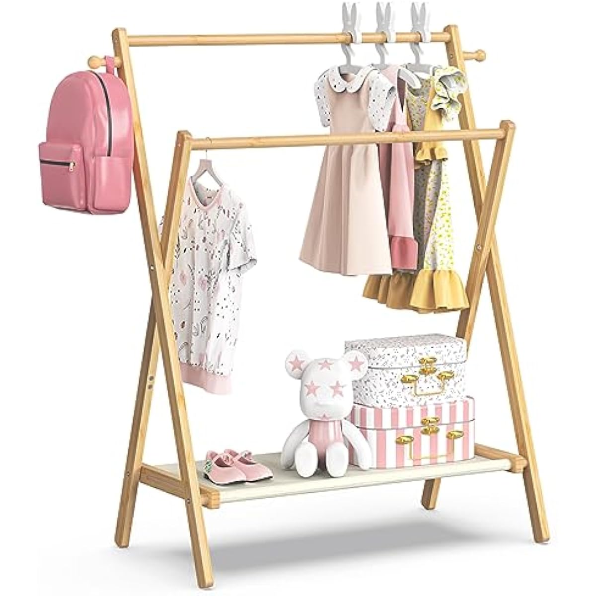 Kids Clothing Rack, Small Clothes Rack for Toddler Pets, Kids Dress Up Rack with Storage Shelf & Double Rods, Foldable Kids Clothes Rack for Nursery Child's Room (Regular Size)