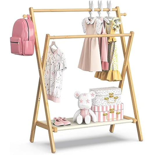 Kids Clothing Rack, Small Clothes Rack for Toddler Pets, Kids Dress Up Rack with Storage Shelf & Double Rods, Foldable Kids Clothes Rack for Nursery Child's Room (Regular Size)