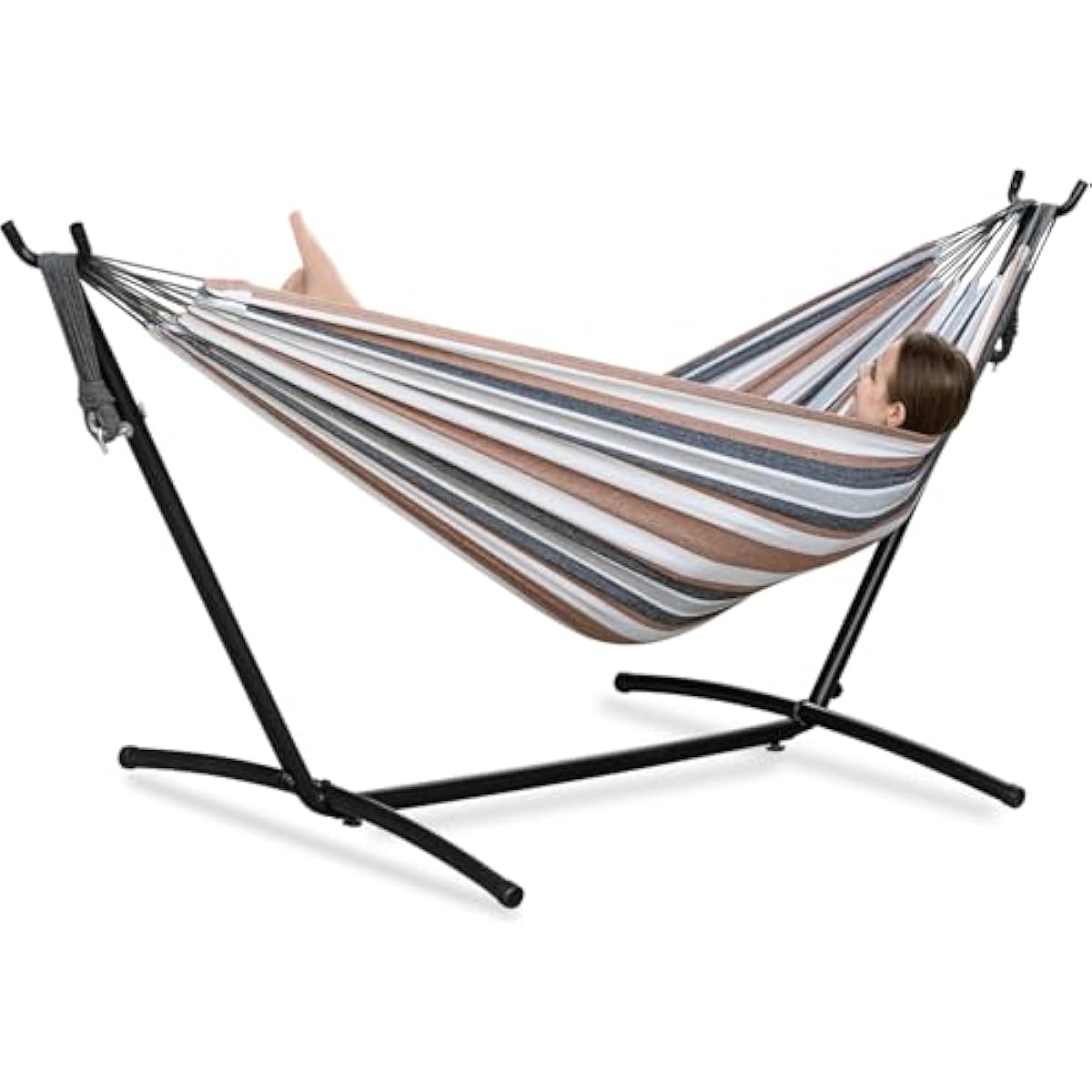 PNAEUT Double Hammocks with Stand for Outside, Portable Space Saving Heavy-Duty Steel Frame for Indoor Outdoor Patio Yard, Easy Assembly, 2 Person 450 lbs Capacity (Coffee)