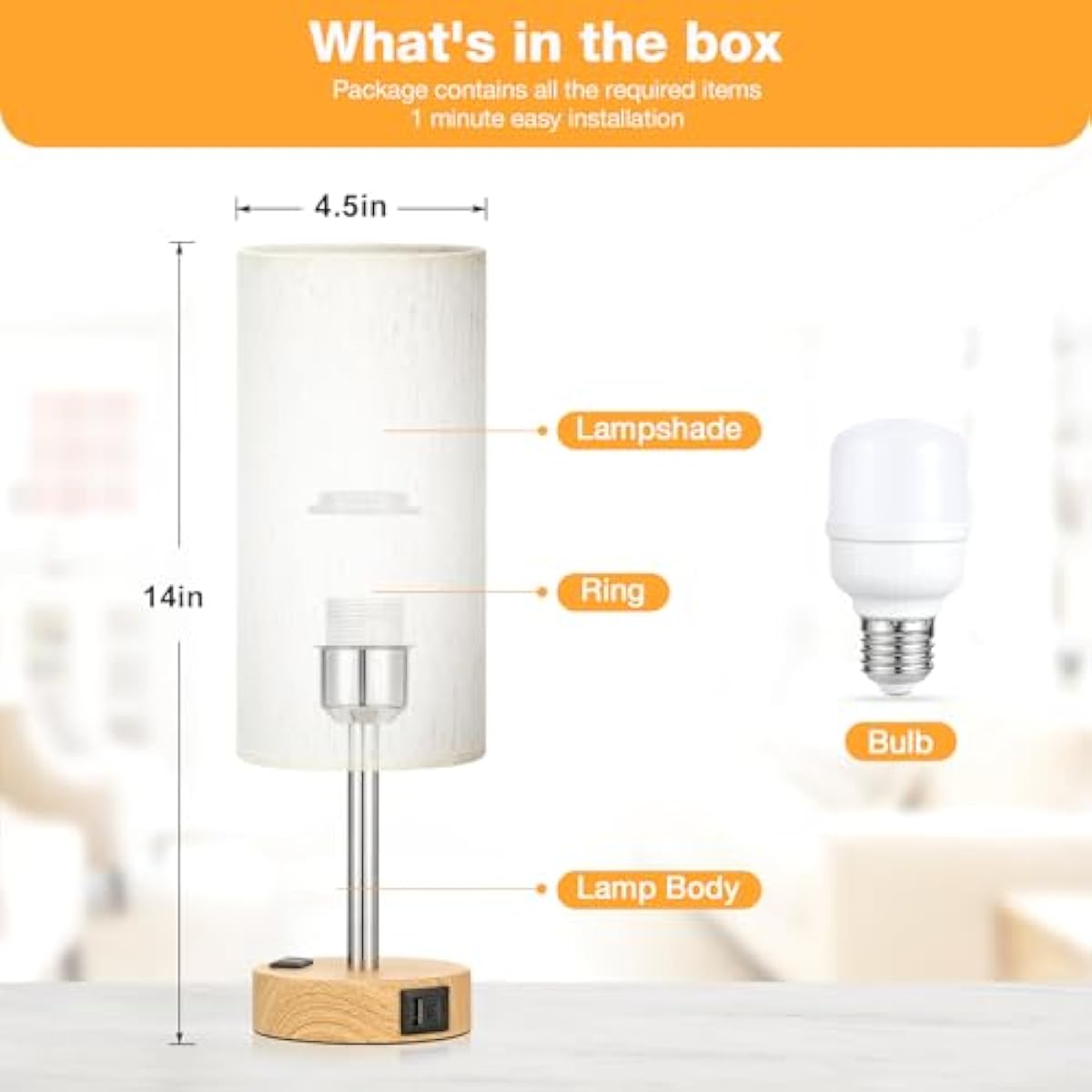 Fenmzee Bedside Table Lamp for Bedroom - 3 Way Dimmable Touch Lamp USB C Charging Ports and AC Outlet, Small Lamp Wood Base Round Flaxen Fabric Shade for Living Room, Desk, LED Bulb Included