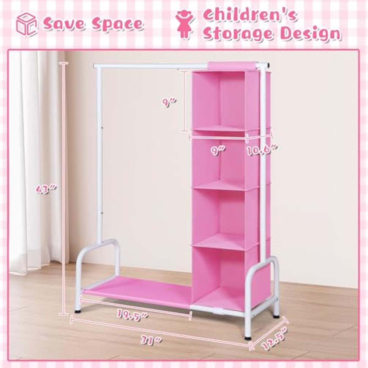 Univivi 43" Tall Kids Clothing Rack, Toddler Dress Up Storage with Hanging Organizer – Sturdy Metal Baby Closet, Space-Saving for Nursery & Bedroom, Pink/White