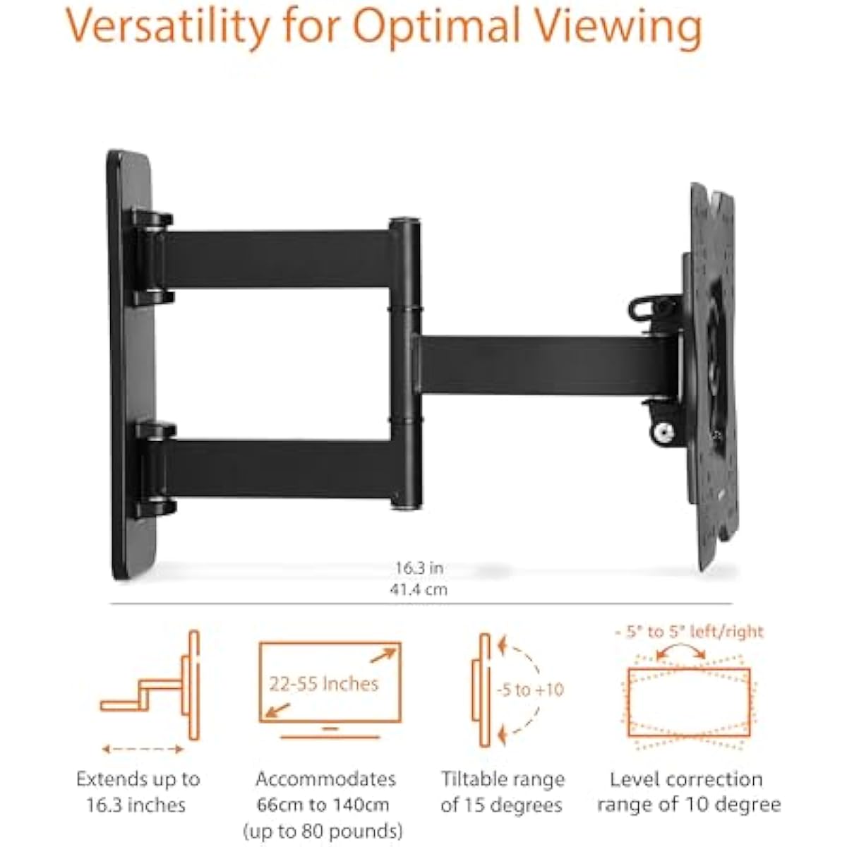 Amazon Basics Full Motion Articulating TV Wall Mount, with Swivel and Tilt, for 26" to 55" TVs and Flat Panels up to 80 Lbs, VESA Compatible, Black