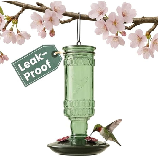 Perky-Pet Glass Bottle Hummingbird Feeder - Outdoor Garden Décor Humming bird Feeder, 8108-1SR - 10 Fl Oz Nectar Capacity - Durable Green Antique Design - Hang from Tree, Porch, Deck, Hook