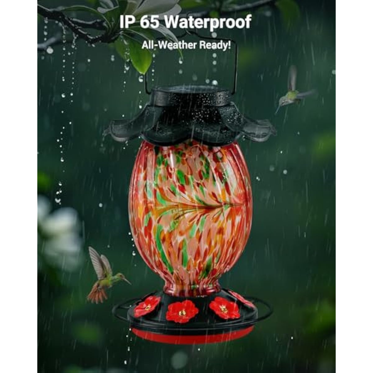 HouseSapp Solar Hummingbird Feeder - 49 fl.oz Hand Blown Glass Color Changing - 7 Feeding Ports with Perch - Never Leak - Perfect Hummingbird Feeder