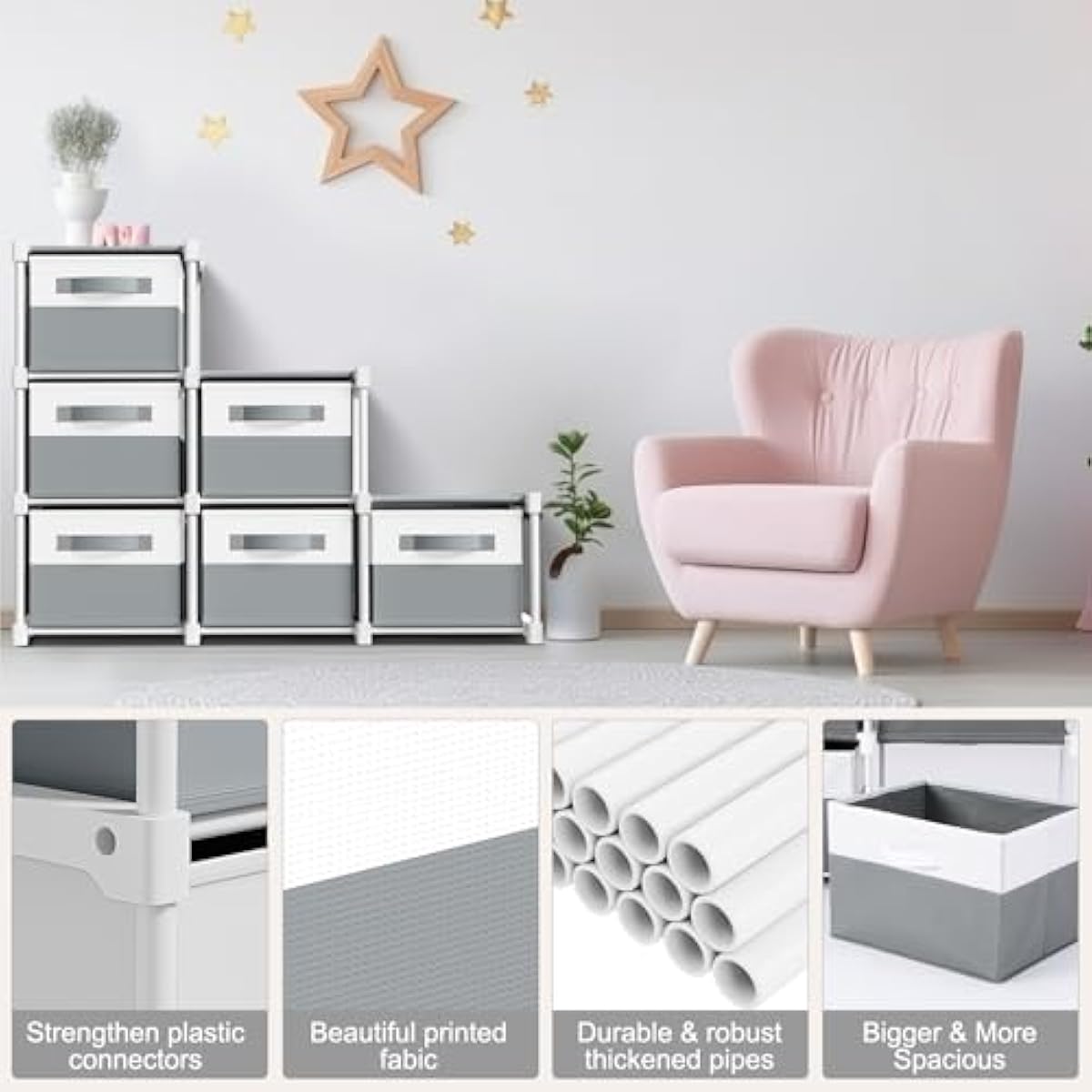 Thyle Large Cube Storage Organizer Shelf with 6 Bins 14 Inch Fabric Collapsible Cubby Storage Drawers Shelving Unit for Christmas Ornaments Clothes Toys Craft(Gray-white,Minimalist)