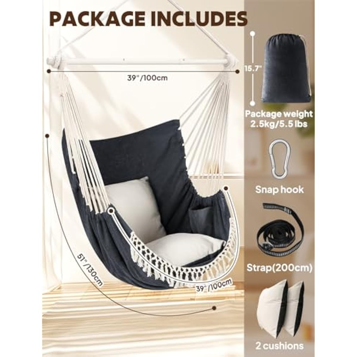 Chihee Hammock Chair Hanging Swing Max 500 Lbs 2 Cushions Included Steel Spreader Bar with Anti-Slip Grooves Portable Hanging Chair Side Pocket Large Macrame Bohemian Chair Indoor Outdoor