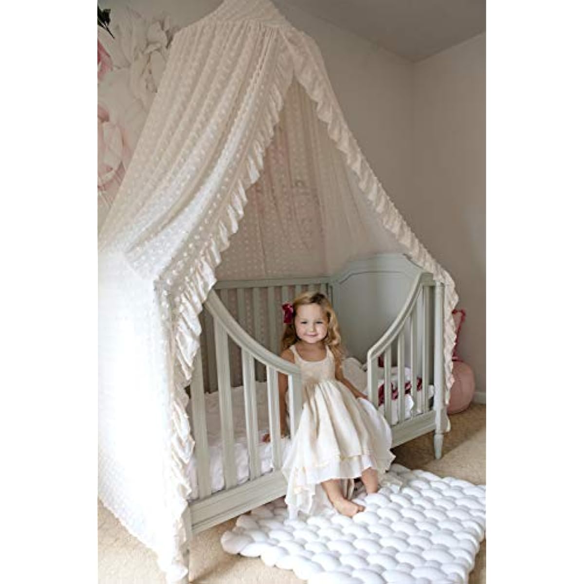 Wonder Space Elegant Kids Bed Canopy - Lace Chiffon Netting with Pom Pom, Princess Girls Fairy Dream Tent, Nursery Room Baby Crib Hanging Curtain Mosquito Net Children Reading Nook Decoration (Beige)