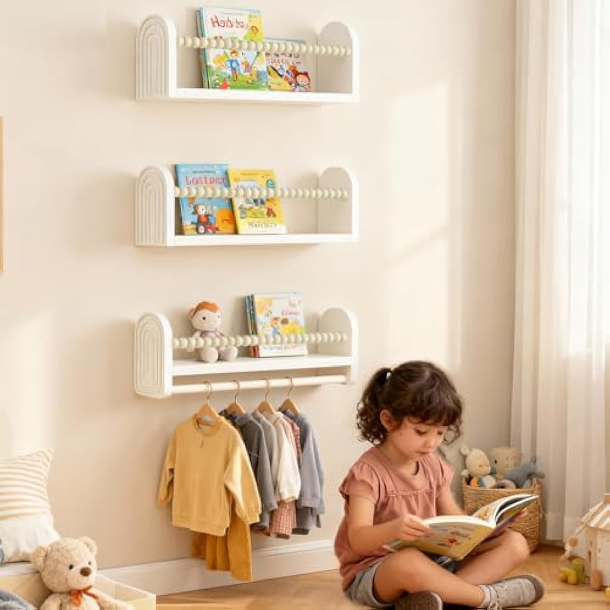 OurWarm Nursery Book Shelves for Wall Set of 3, White Natural Wood Nursery Floating Shelves with Towel Bar, Wall Mounted Floating Bookshelves for Baby Room Kids Room Living Room Storage and Decor