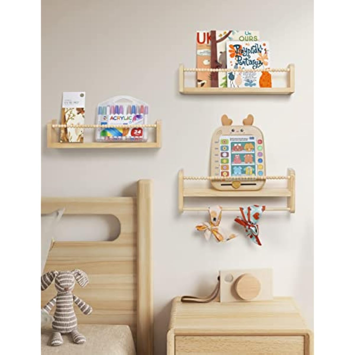 Nursery Floating Shelves for Wall, Set of 3 Book Shelves Natural Wood Wall Mounted Organizer with Towel Bar Hanging Bookshelves Nursery Decor for Kids Room, Bedroom and Kitchen