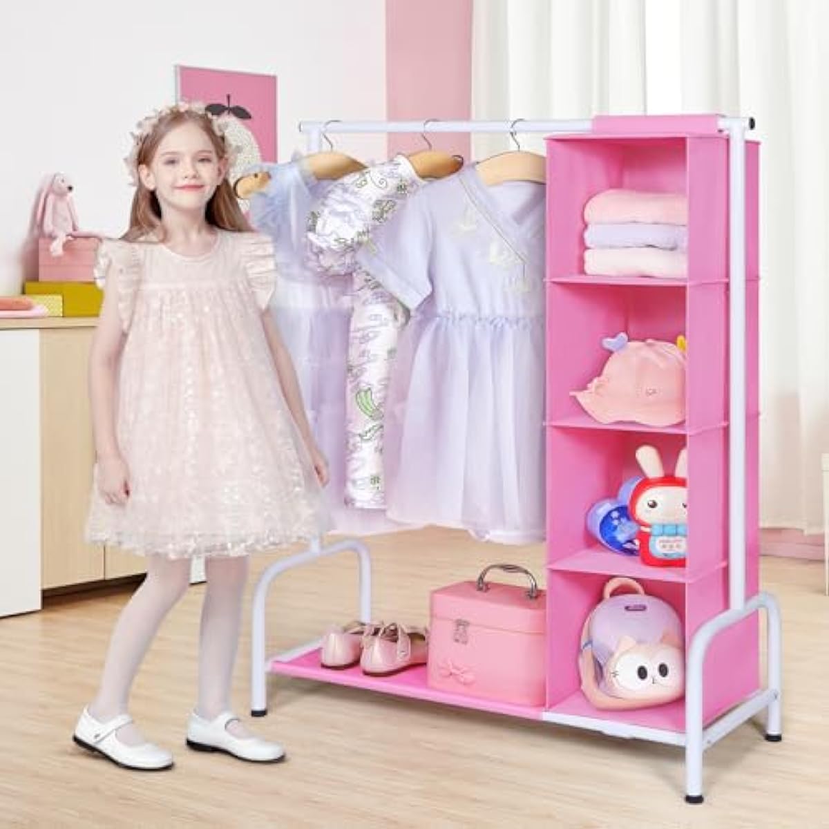 Univivi 43" Tall Kids Clothing Rack, Toddler Dress Up Storage with Hanging Organizer – Sturdy Metal Baby Closet, Space-Saving for Nursery & Bedroom, Pink/White