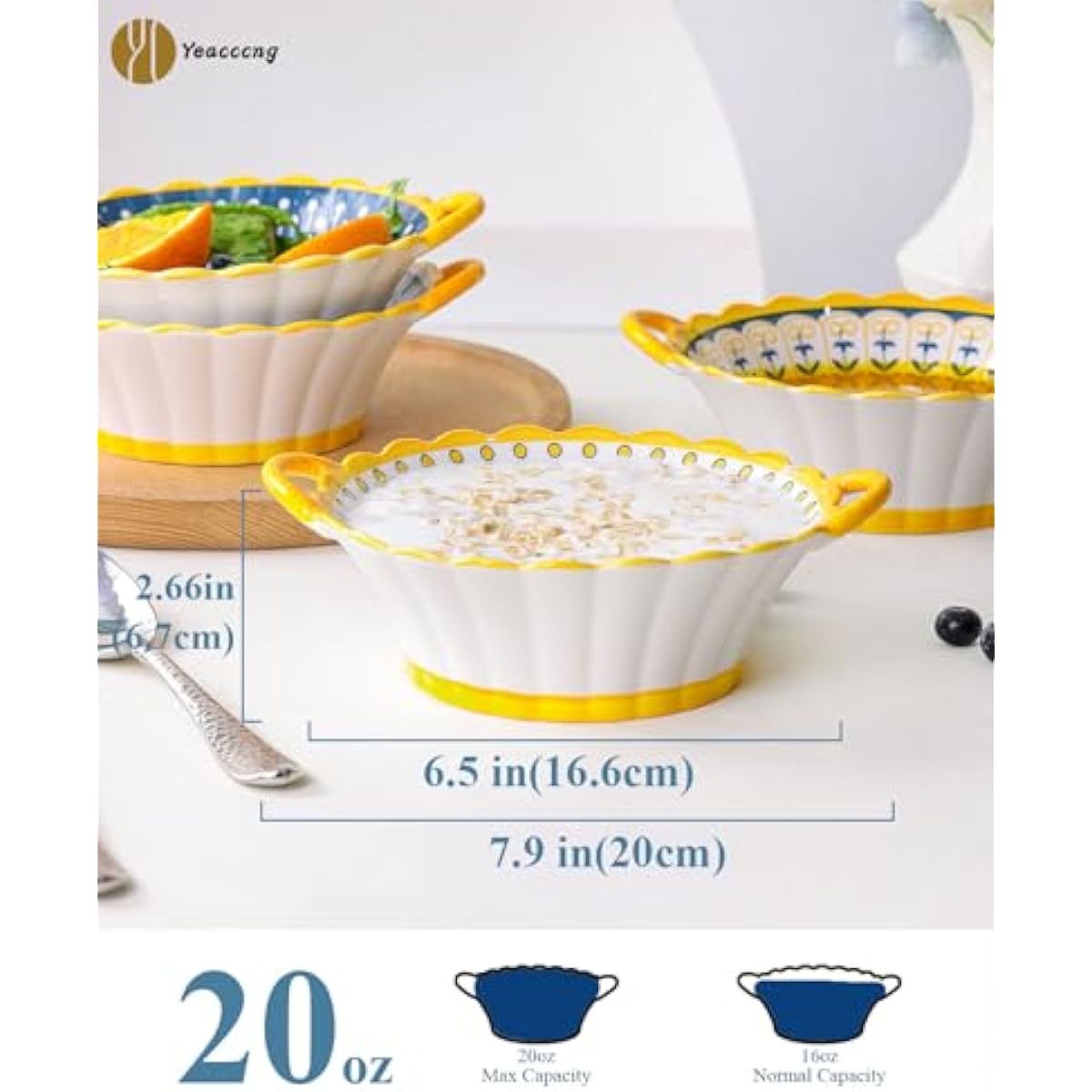 Yeacccng Bohemian Soup Bowls with Handles Set of 4, 20 Oz Indented Grooved Ceramic Bowls, 6.5 Inch French Onion Soup Bowls, Lead-Free, Scratch-Resistant, Oven/Microwave Safe