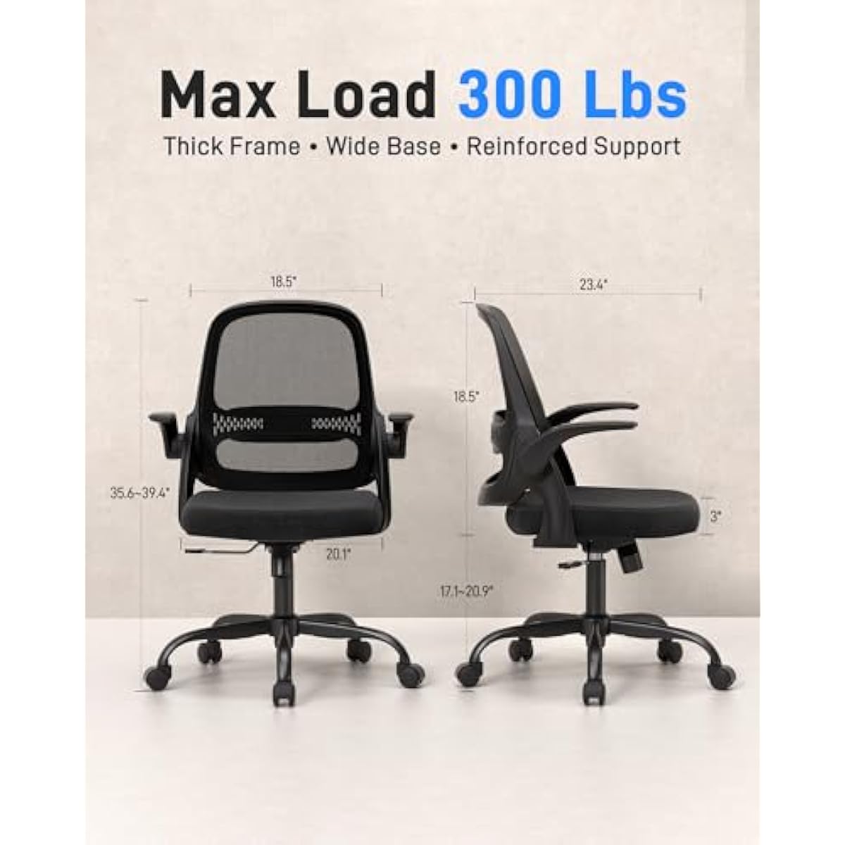 Ergonomic Mesh Office Chair for Home Office, Flip-Up Arms, Breathable Mesh Back & Thick Seat Cushion, Swivel Rolling Computer Desk Chair, BIFMA Certified, Supports 300 lbs (Black Frame/Black Seat)