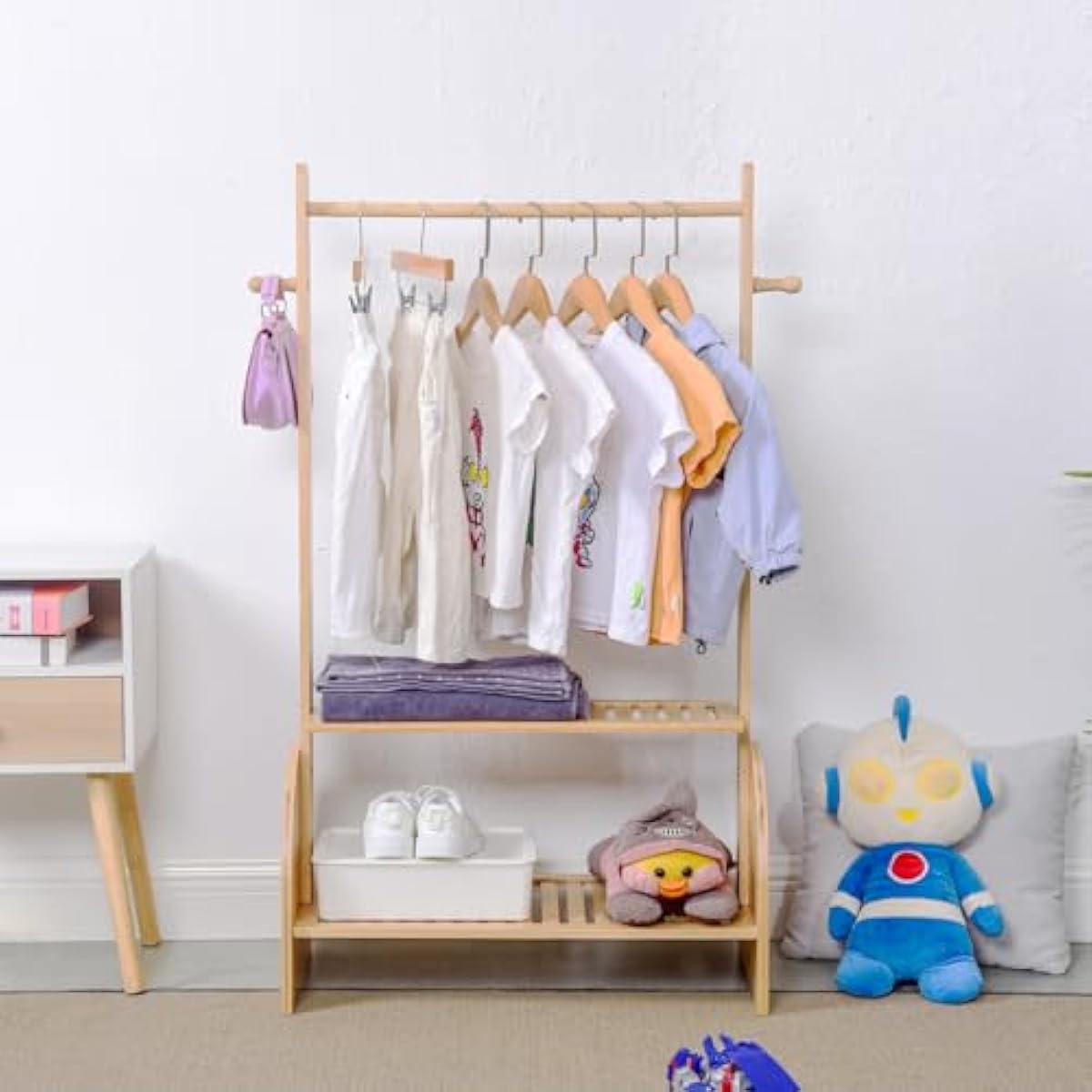 Kids Clothing Rack with Adjustable Rods, Children Clothes Garment Rack for Kids Baby Pet, Kids Dress Up Rack with 2 Bottom Shelves, Kids Wardrobe Closet for Toddlers Nursery (Natural)