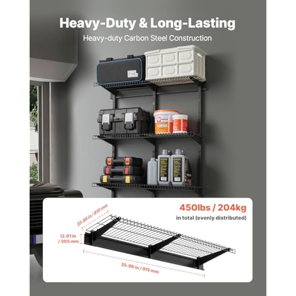VEVOR 3-Tier Heavy Duty Wall Garage Shelving, 1 x 3 ft Steel Wall Mounted Shelving Unit, 11 x 36 Inch Per Shelf Floating Storage Metal Rack for Garage with 450 lbs Total Weight Capacity, Black