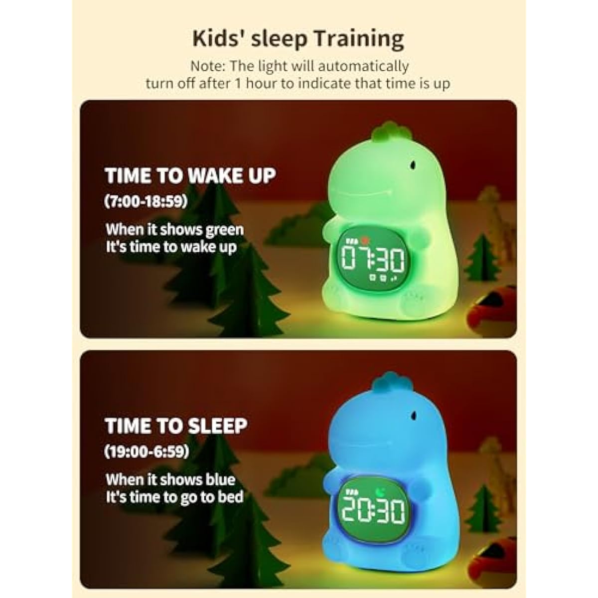 MASHI Dinosaur Alarm Clock with Night Light, Toddler Sleep Training Clock with Sun & Moon, Sleep Sound Machine, ok to Wake Clock for Kids, Digital Alarm Clocks for Bedrooms,Gift Ideas for Kids Child