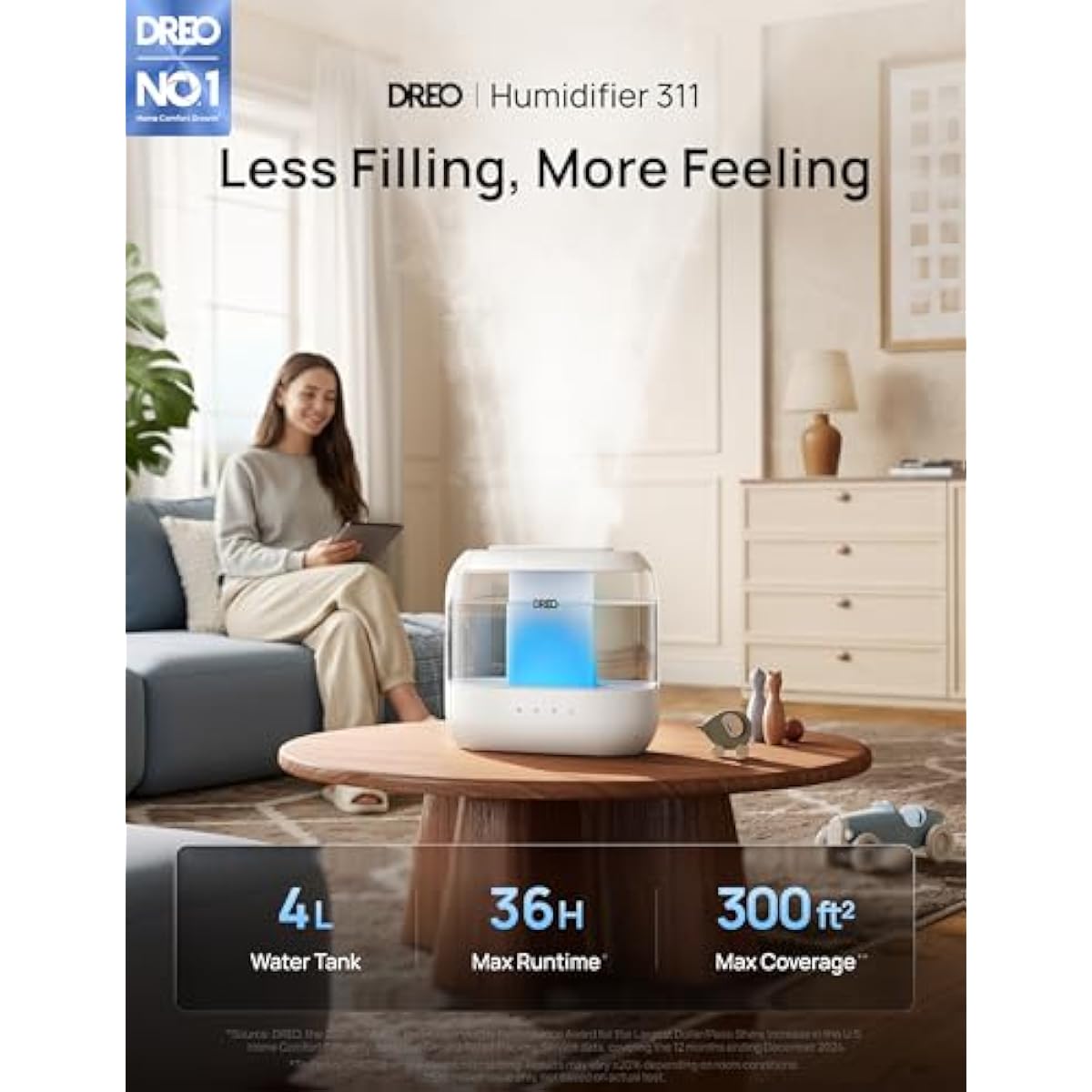 Dreo Humidifiers for Bedroom, 4L Top Fill for Large Room, 36H Runtime, 28 dB Quiet Supersized Cool Mist Air Humidifier for Baby Nursery, Plants, Indoor, Night Light, Easy to Clean & Fill, White