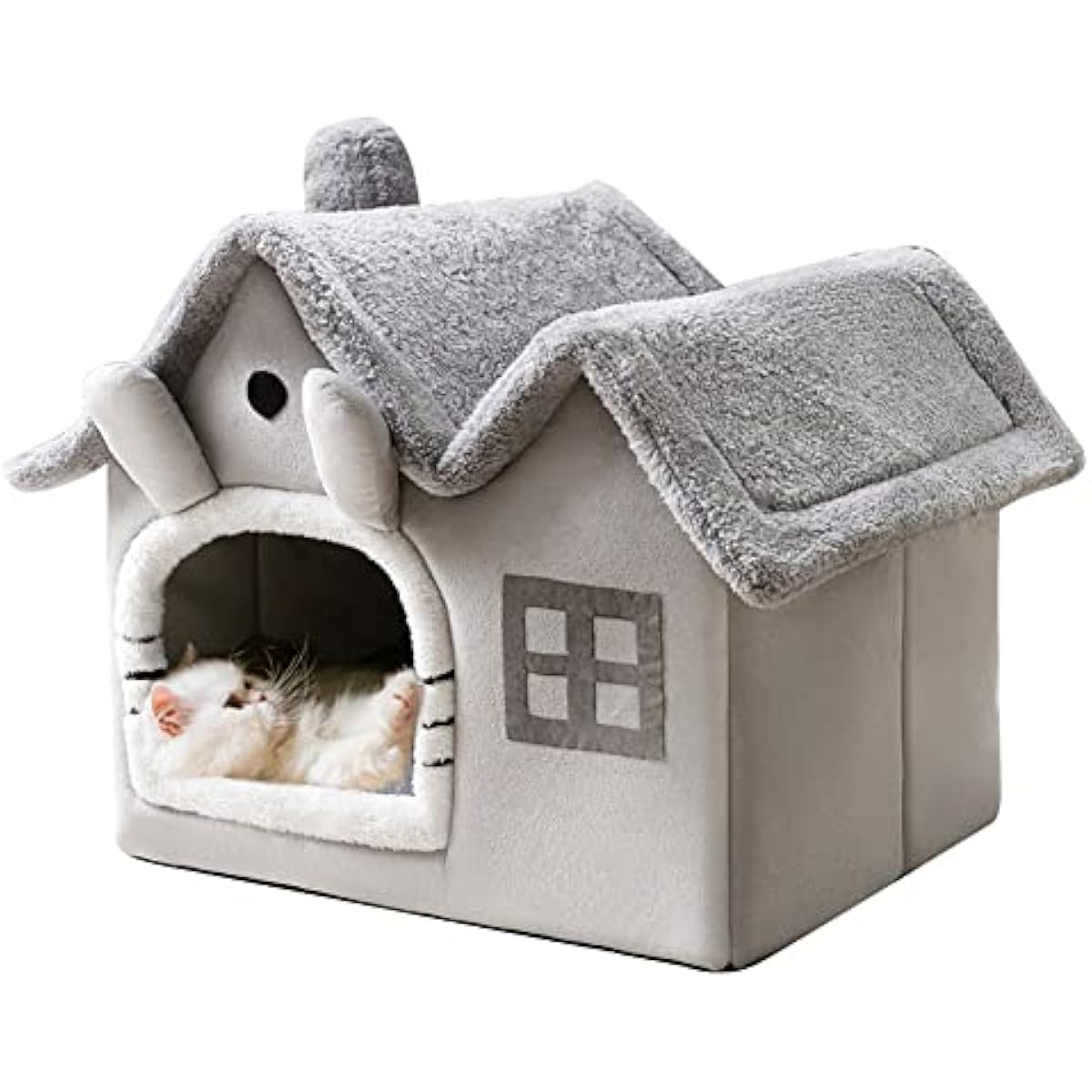 Luxury Double Roof Indoor Dog House Cat Nest,Foldable Warm Soft Kennel,30D High Elastic Memory Sponge,Removable Cushion and Non-Slip Bottom (Grey Double Roof, M)