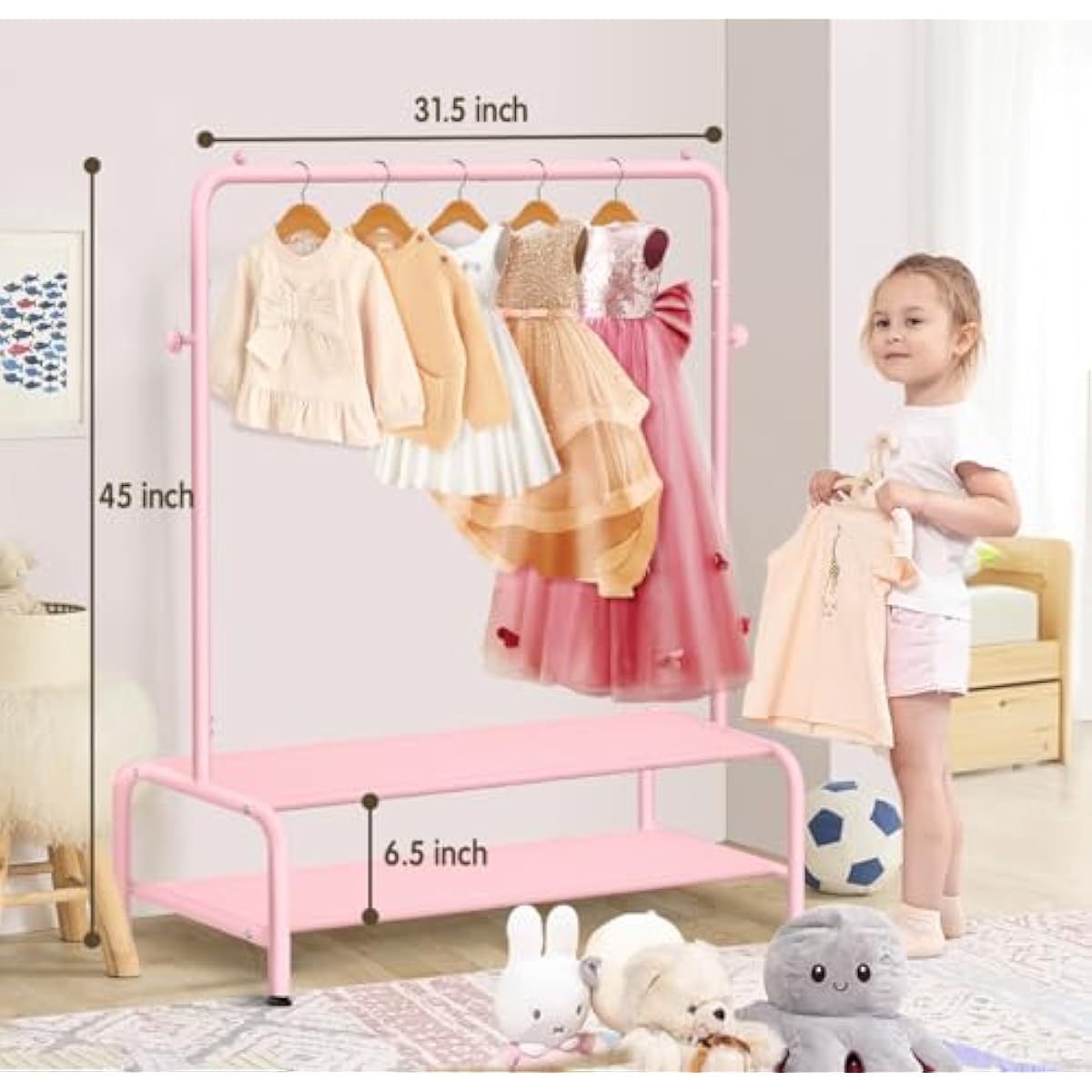 Kids Clothing Rack - Dress Up Storage - Dress Up Rack for Little Girls - Small Kids Costume Wardrobe with 2 Fabric Shelves - Princess Room Bedroom Decor