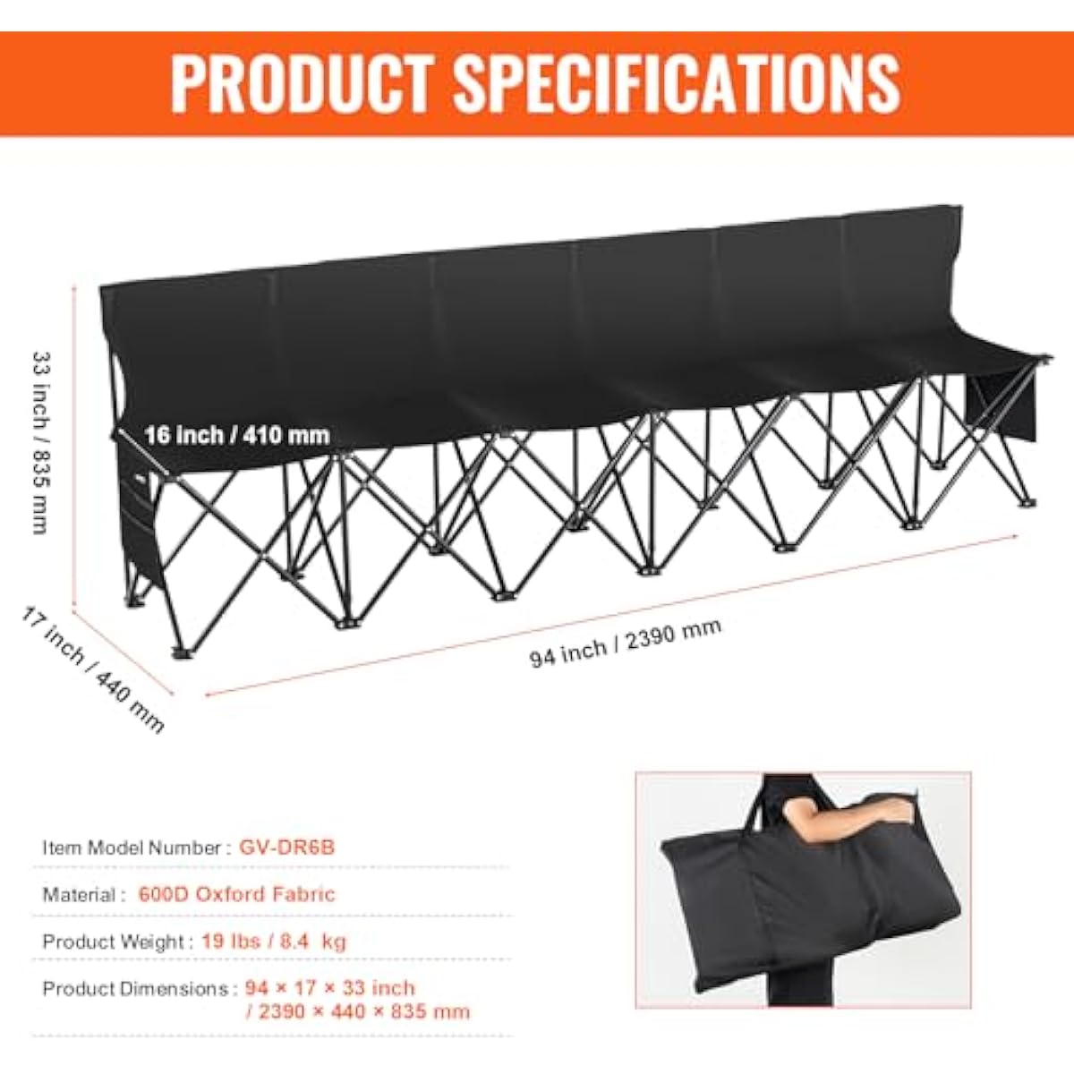 VEVOR Portable Folding B ench, 6 Seats Foldable Sideline B ench, Outdoor Camping Bench Chair with Carry Bag & Backrest, Team Sport Sideline B ench, No Assembly Instant Seating, Black