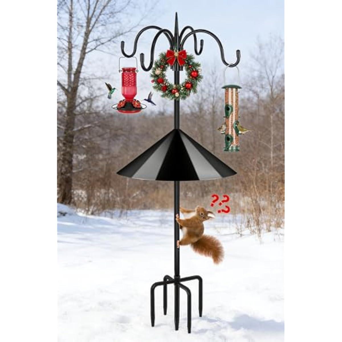 FEED GARDEN 4-Hook Squirrel-Proof Bird Feeder Pole - 92" Heavy-Duty Shepherd's Hook with 5-Prong Base & 19" Baffle for Multiple Feeders & Plants