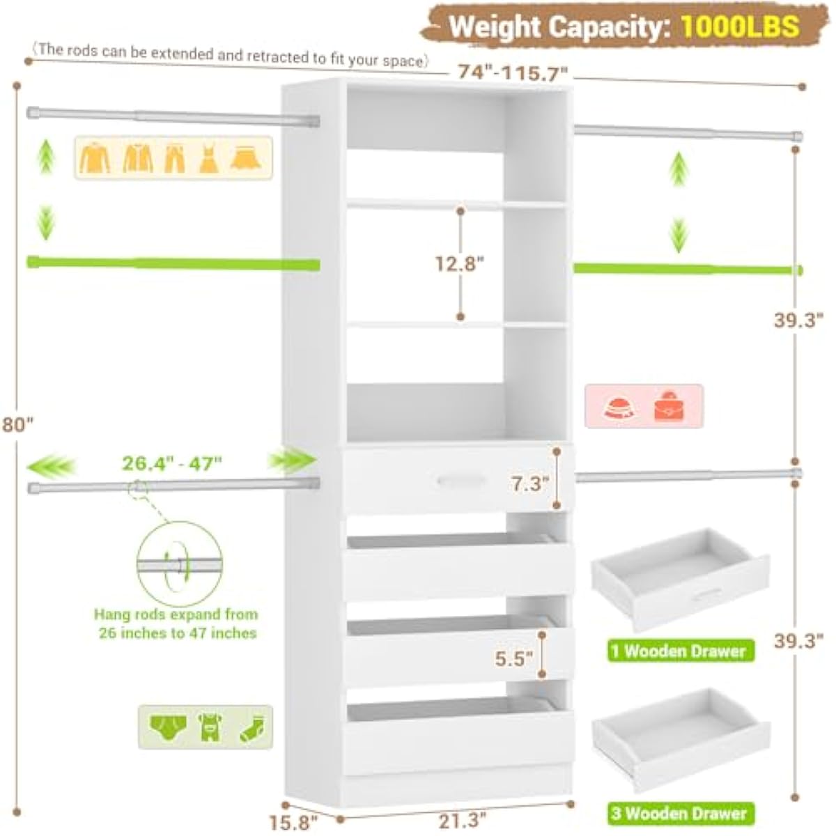 Aheaplus Closet System, 4-9Ft Closet Organizer with 4 Wooden Drawers, Wood Closet Organizer System with Tower, Walk-in Closet Organizer Wardrobe Clothes Rack with 4 Hanging Rods, Garment Rack, White