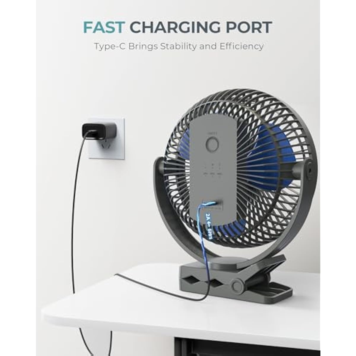 xasla 10000mAh Portable Rechargeable Clip on Fan, 8-inch Battery Operated, 4 Speeds, 24 Hours Work Time for Outdoor, Camping, Golf Cart, Home & Office Use (Blue)