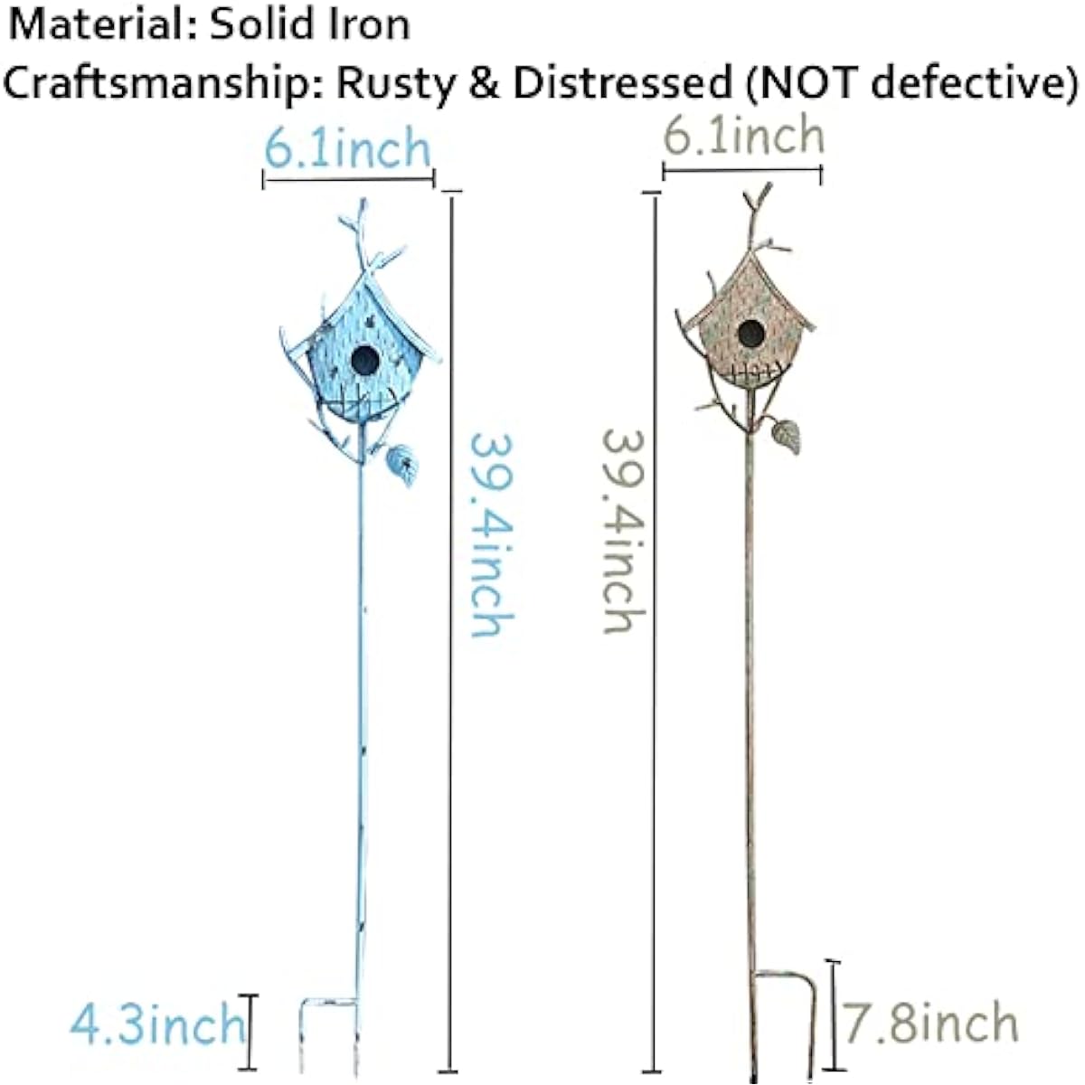 Bird Houses for Outside with Pole, Metal Birdhouse Stake for Outdoors Rustic Bird House On Pole Stand Farmhouse Birdhouse Decor Decorative Garden Yard Art 39" H Blue