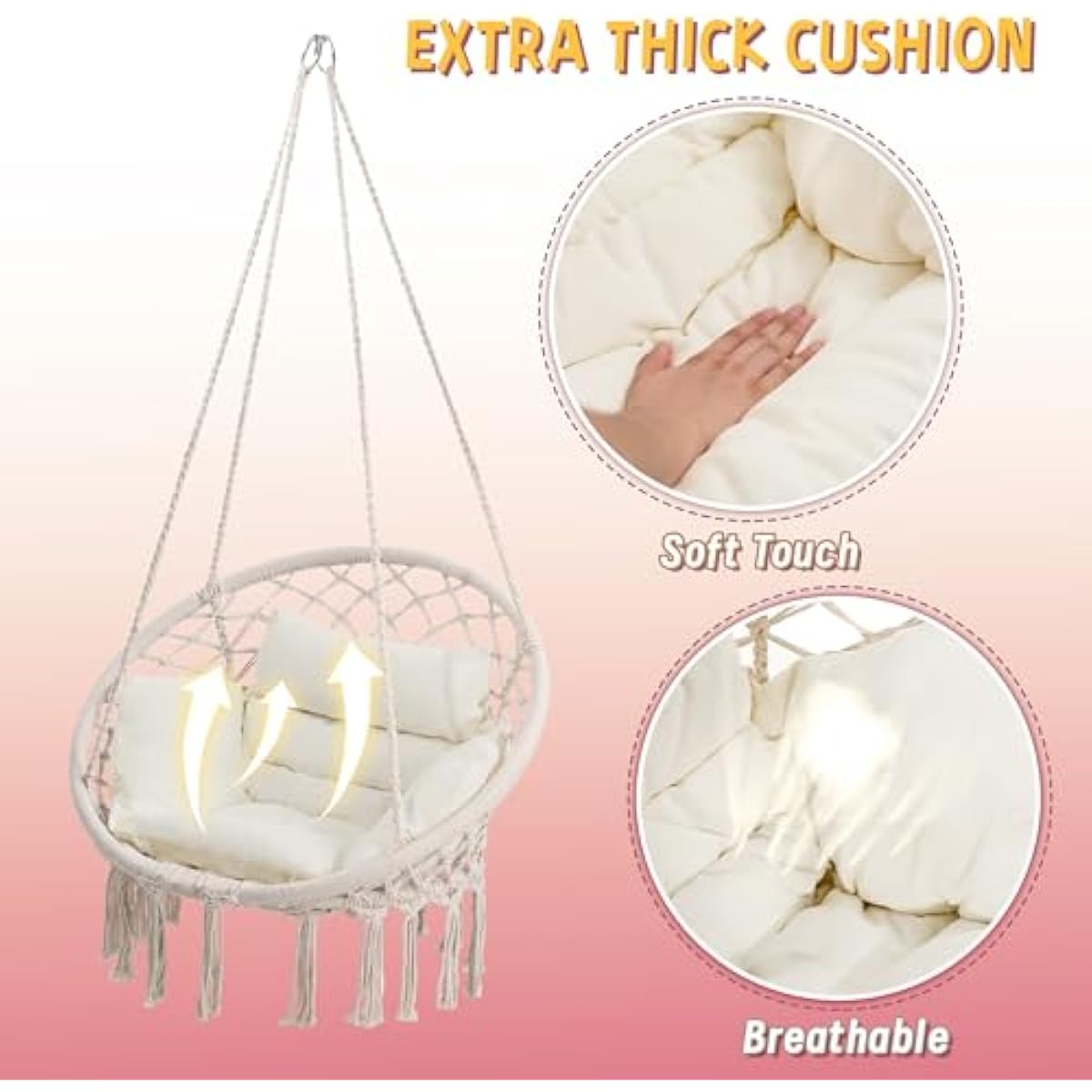 KROFEM Macrame Hammock Hanging Swinging Chair with Medium Cushion, Perfect for Bedroom, Porch, Adults, Balcony, Beige