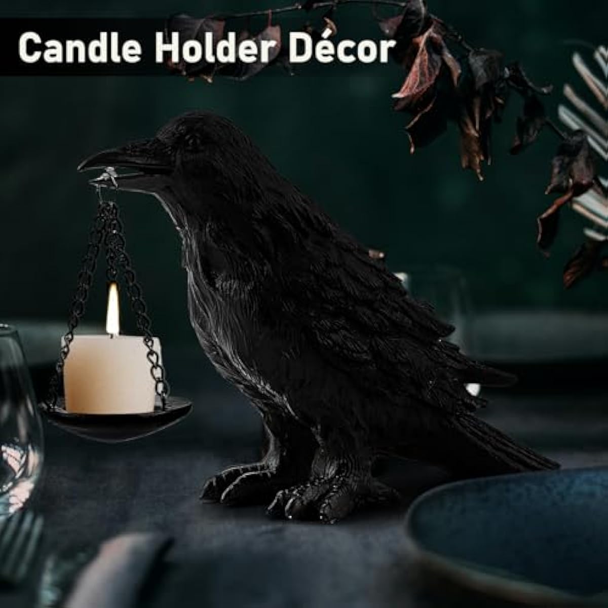 Gothic Crow Lamp with Tealight Candle Holder Resin Raven Decor Statue Gothic Home Decor for Bedroom Unique Goth Gifts Black