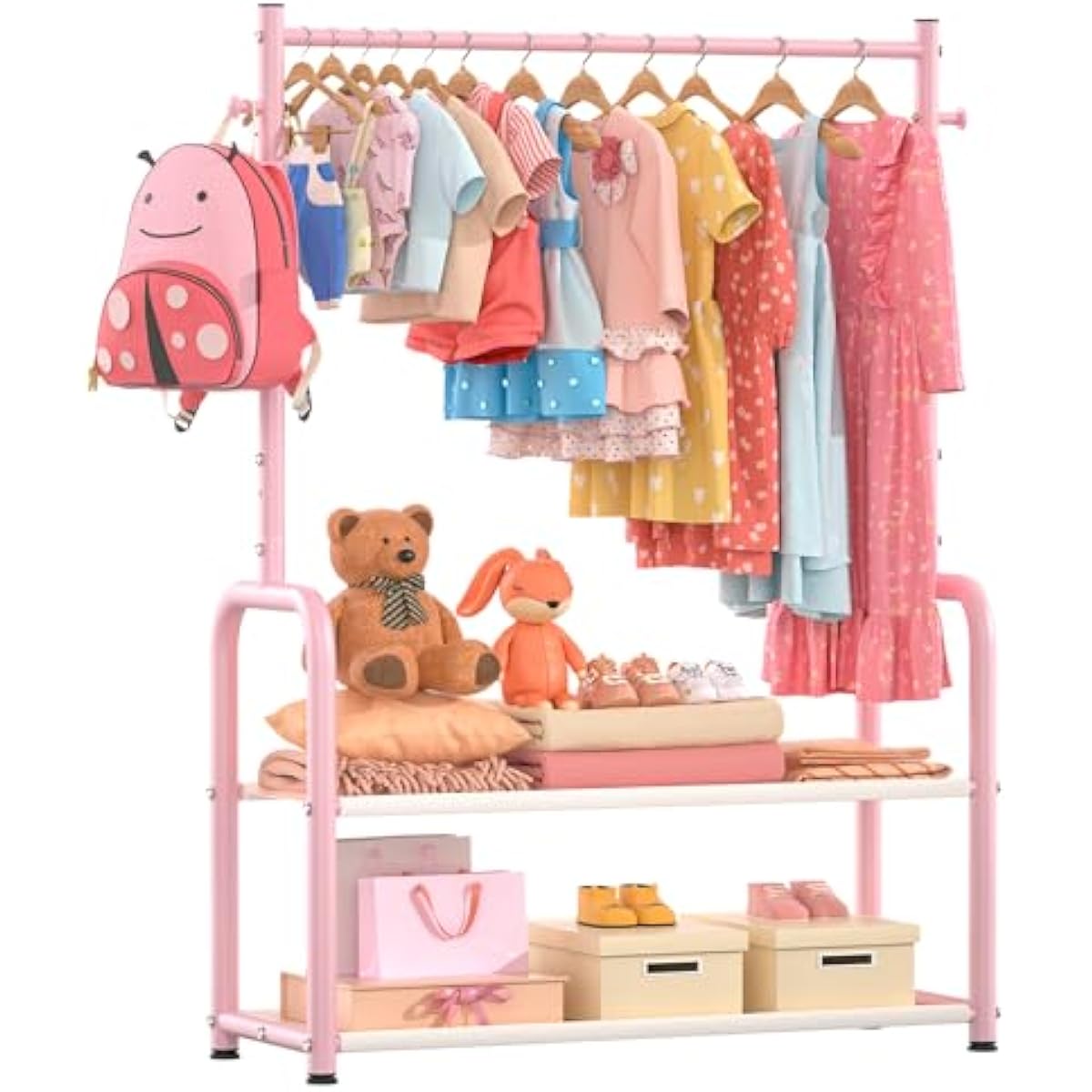 Kids Clothing Rack with 2-Layer Storage Shelf and 2 Adjustable Hanging Rods, Dress Up Rack for Hanging Clothes,Dress up Storage for Baby Toddle Kids(Classic, Pink)
