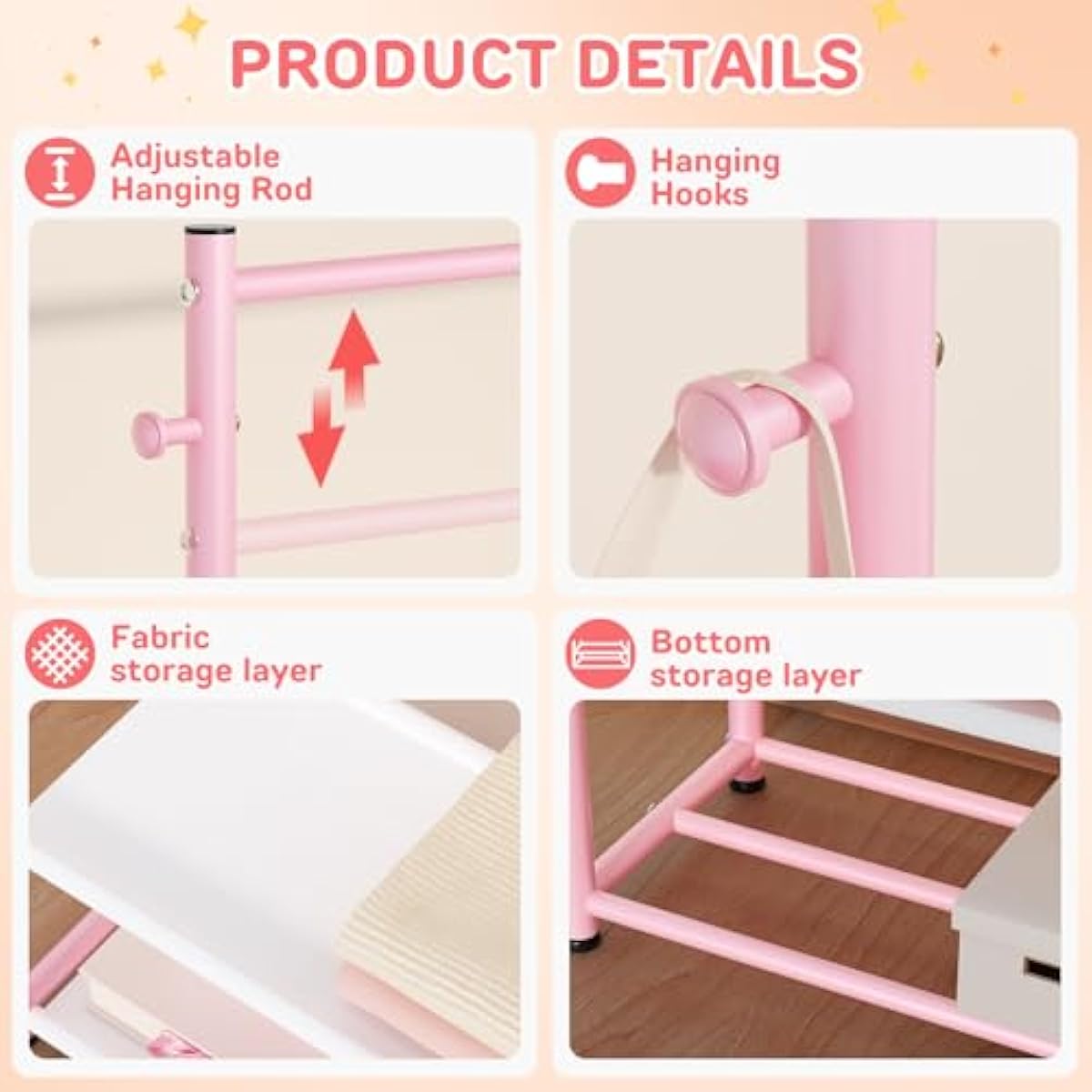 Kids Clothing Rack with 2-Layer Storage Shelf and 2 Adjustable Hanging Rods, Dress Up Rack for Hanging Clothes,Dress up Storage for Baby Toddle Kids(Classic, Pink)