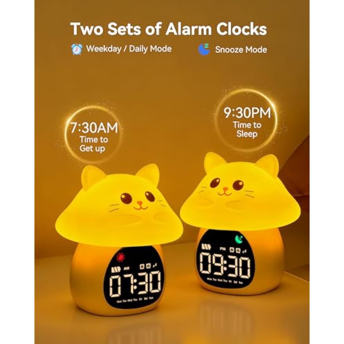 Yiliaw Sleep Training Alarm Clock with Night Light for Kids - Ok to Wake Clock with Dual Alarms, Night Light & RGB Colors, 6 Alarm Tones & White Noise, Rechargeable Clock for Boys & Girls, Cat