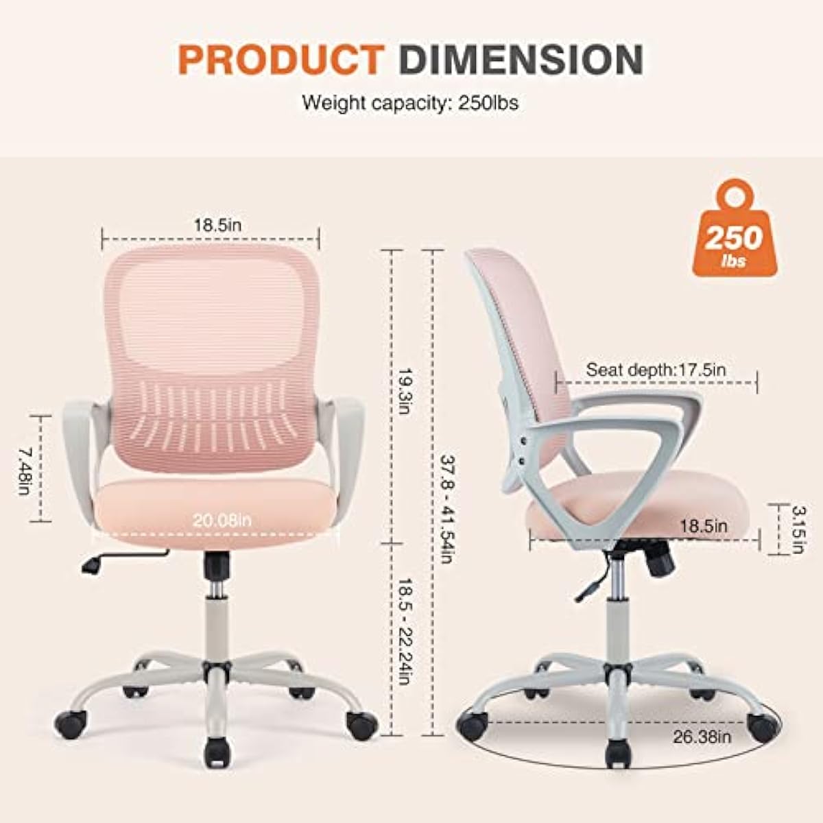 Sweetcrispy Ergonomic Mid-Back Mesh Home Office Desk Chair with Wheels, Lumbar Support, and Comfortable Armrests for Home, Bedroom, Study, Office