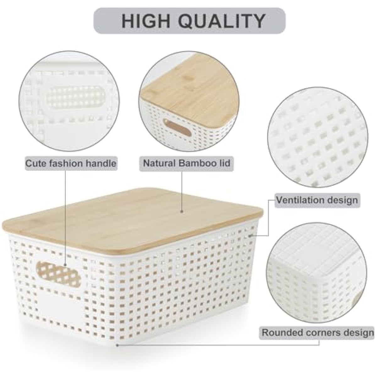 Small Plastic Storage Bins with Bamboo Lids 5.2qt Stackable Box Basket Pantry Decorative Containers Cute with Lable for Organizing Desktop Closet Office Cream White of 6 packs 10*7.2*4.1'’