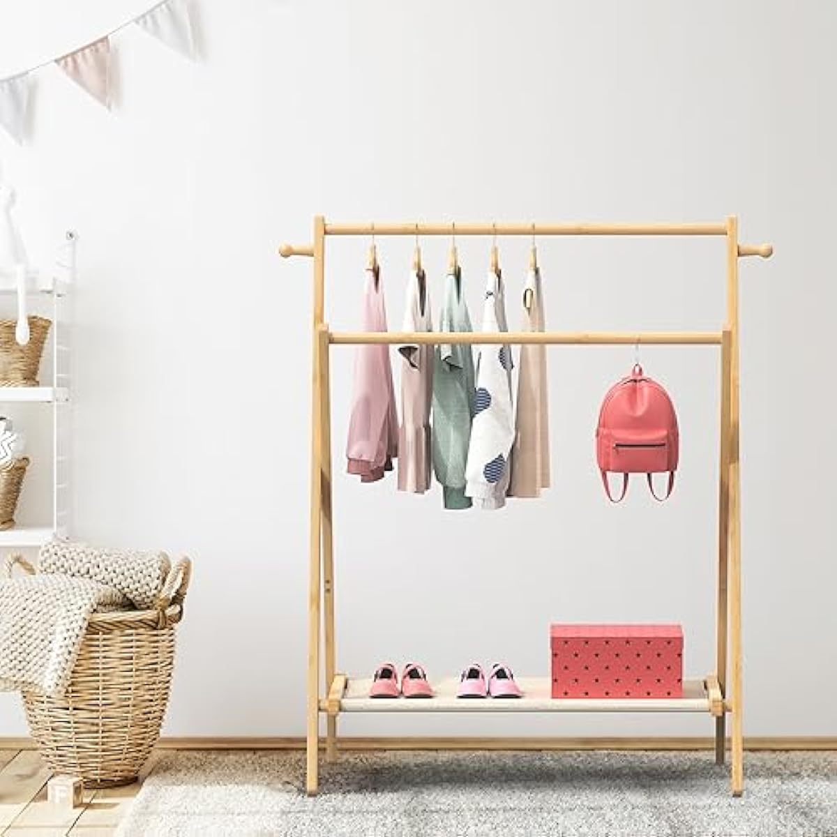 Kids Clothing Rack, Small Clothes Rack for Toddler Pets, Kids Dress Up Rack with Storage Shelf & Double Rods, Foldable Kids Clothes Rack for Nursery Child's Room (Regular Size)