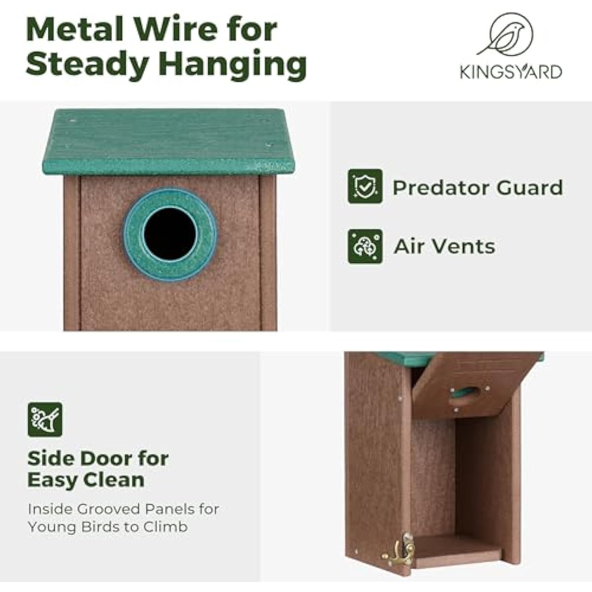 Kingsyard Recycled Plastic Bird House for Outdoors - Weatherproof Wren Bird Nesting with Predator Guard & Air Vents, Green